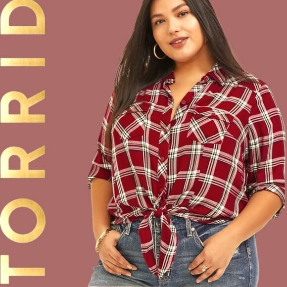 Torrid New Burgundy Plaid Twill Tie Front Midi Shirt. - Picture 1 of 12